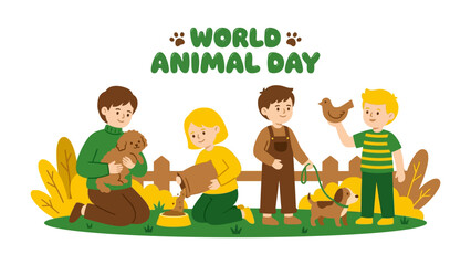 World Animal Day Celebration: Children joyfully interact with their pets and farm animals on World Animal Day, fostering a heartwarming connection and love for creatures.