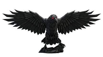 Obraz premium Statue of a black raven with glowing red eyes isolated on transparent background
