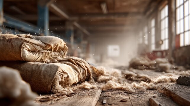 Old burlap sack and fiber debris on dusty wooden floor in workshop