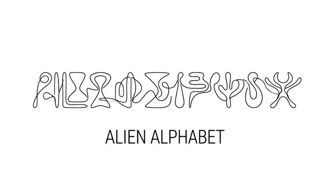 Comprehensive collection of futuristic extraterrestrial symbols and cryptic alien typography font set isolated on a white background for science fiction graphic design and digital media projects.