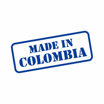 Blue made in Colombia stamp label with bold white text on transparent background
