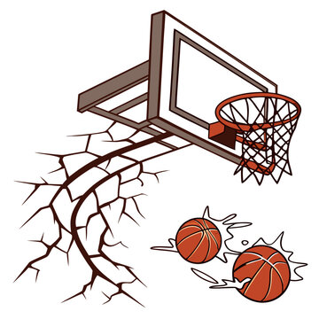 Basketball hoop backboard with cracks and bouncing balls basketball backboard