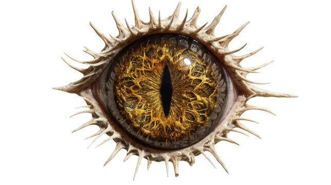 Closeup of a fantasy creature eye with sharp bonelike spikes isolated on transparent background