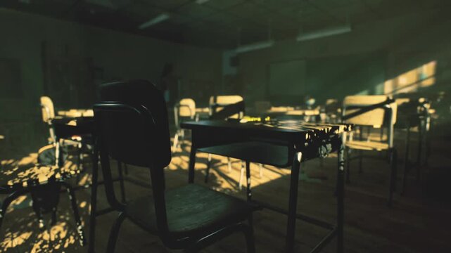 Twilight classroom desks outlined by cinematic light beams, shadows forming patterned grid across floor, empty seats and quiet corners convey contemplative