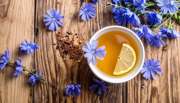 Blue cornflower bouquet with honey in rustic setting.