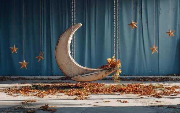 Vintage crescent moon swing with autumn leaves and hanging star decor