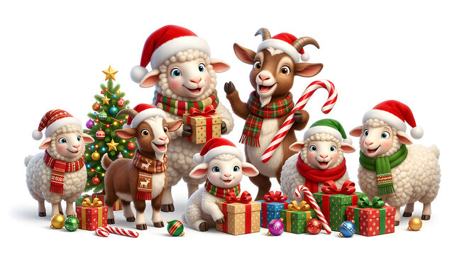 Cute funny Christmas sheep and goat collection with Santa hats, scarves, Christmas gifts, candy canes, Christmas tree, ornaments and festive decorations, expressive faces, fluffy wool, premium 3D cart