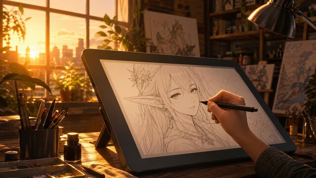Close-up of an artist&rsquo;s hand using a stylus to draw an original anime character on a pen display in a cozy professional studio. Manga. Anime.