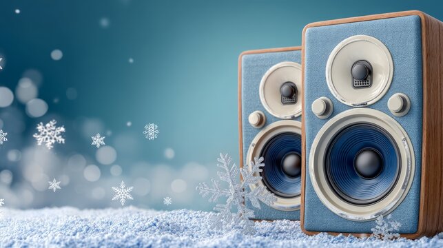 Pair of vintage-style speakers with blue and wooden accents on snowy surface against winter background