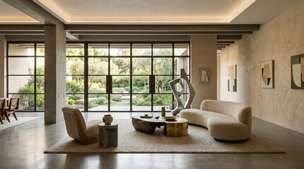 Fototapeta premium Modern curved sofa, abstract sculptures in a luxury living room with garden view