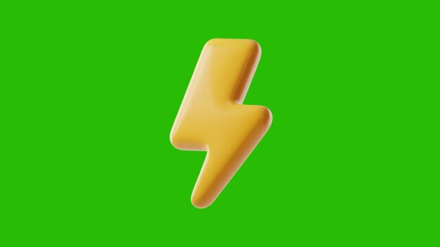 3 D Yellow Lightning Bolt Icon on Green Screen Background Energy Power Symbol