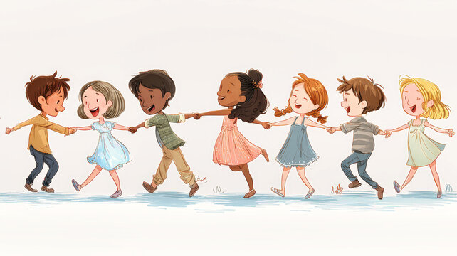 Children hold hands and dance in pairs, enjoying their time toge