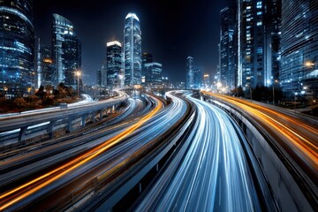 Obraz premium City highway light trails and skyscrapers at night