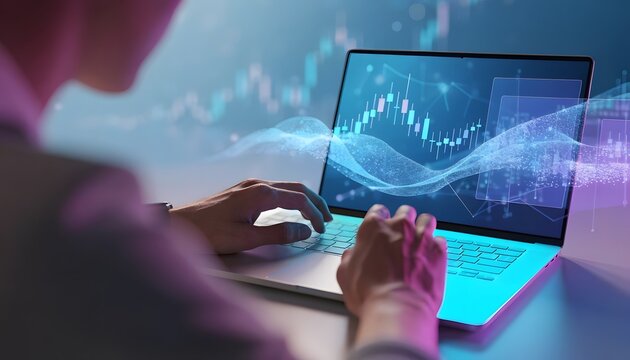 Financial data analytics and stock market trading systems. Cryptocurrency market trends and investment tools. Person working on a laptop computer with glowing digital business graphs on screen