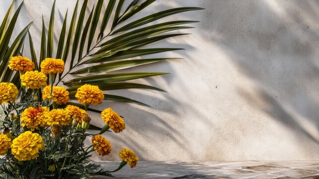 Yellow marigold flower plant with tropical palm leaf and shadow on wall
