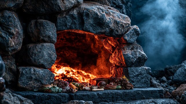 Rustic stone oven with fire burning inside and fresh food preparation