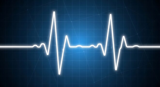 Blue electrocardiogram line graph on dark background.