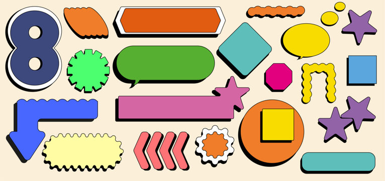 Colorful shapes and frames are displayed on a light background. The stickers show various forms like circles, stars, and arrows. Creative tools can be used for art or design projects.