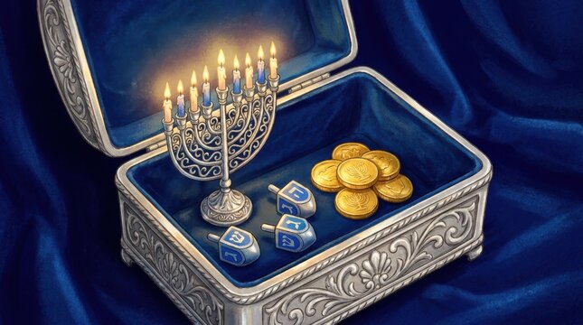 Hanukkah menorah and dreidels in a silver box. Jewish holiday celebration with gold coins.