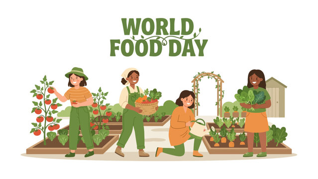 Celebrating World Food Day: A group of diverse women joyfully harvest fresh produce from a lush garden, embodying the spirit of World Food Day and the abundance of healthy food.