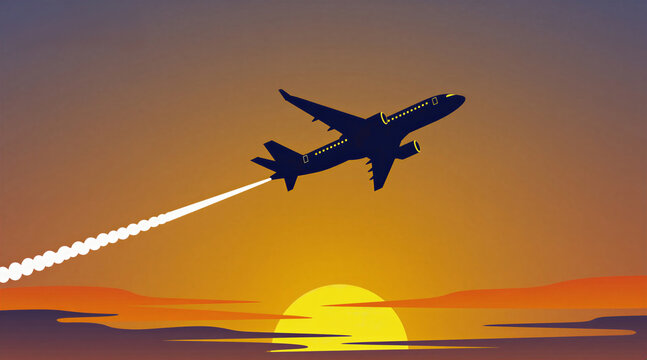 Airplane takes off into vibrant sunset sky, leaving contrail. Stylized flat design evokes travel and adventure. Warm orange and purple hues create dramatic atmosphere. Perfect for transport themes.