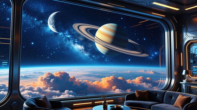 Modern futuristic living room interior inside space station habitat. Large glass window overlooks breathtaking alien planetary rings moons nebula clouds dark starry deep cosmos universe scene. Sci fi