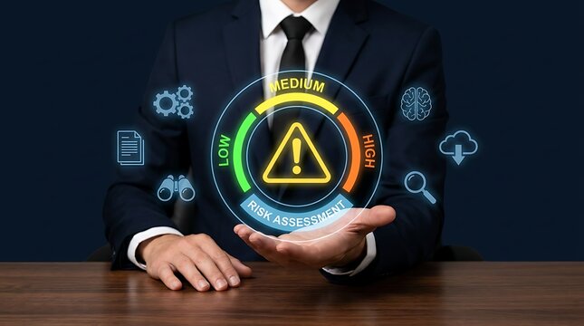 Business executive presenting digital risk assessment holographic interface showing low medium and high levels for corporate management and strategic cyber security planning data analysis.