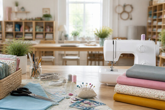 A sewing machine and various sewing supplies are displayed on a wooden table in a bright, home setting.