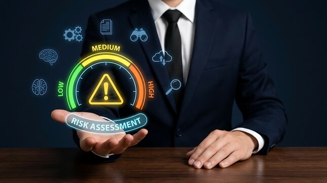 Businessman holding glowing holographic risk assessment display with low medium and high levels icons around representing corporate management technology and strategic planning analysis.