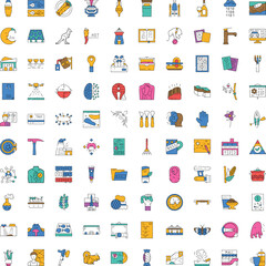 Naklejka premium Large collection of colorful outline icons representing various business, technology, food, nature, and everyday objects, ideal for web and mobile application design
