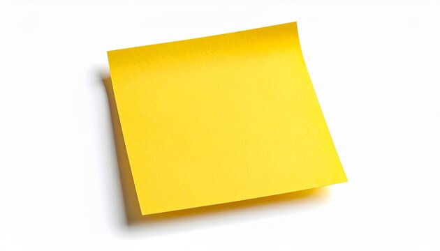 A single empty bright yellow square sticky note isolated on a plain white background ideal for copy space and office organization concepts.
