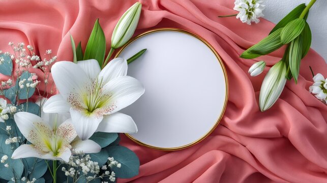 Elegant white lily flower arrangement with empty round frame on coral fabric