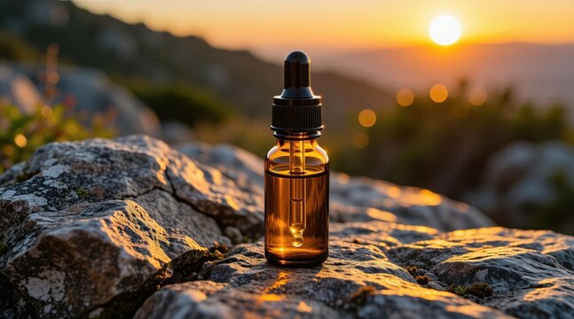 Amber glass dropper bottle with essential oil sits on natural stone. Soft sunset light illuminates bottle and rocky terrain. Serene outdoor scene, nature, wellness, beauty product.