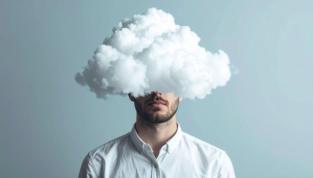 A conceptual portrait of a man with a fluffy white cloud covering his eyes representing imagination creativity daydreaming and mental clarity.