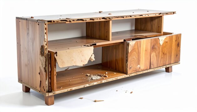 A damaged wooden television stand or storage cabinet showing significant termite destruction and material decay on a white background.