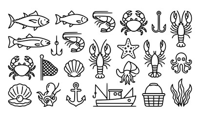 Fototapeta premium Marine Seafood Outline Icon Vector Set with Ocean Creatures and Fishing Elements