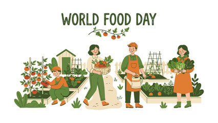Fototapeta premium World Food Day Garden Harvest: A vibrant illustration celebrating World Food Day, depicting diverse individuals harvesting fresh produce from a bountiful garden.