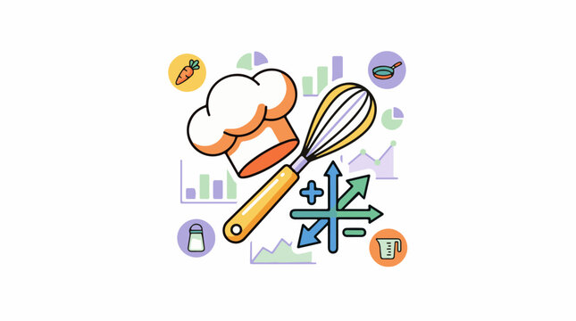 Cooking tools and data charts with directional arrows