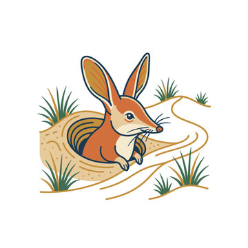 Australian bilby emerging from underground burrow in desert landscape