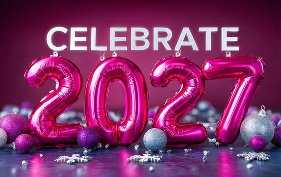 Celebrate 2027 pink balloon number with festive shiny decoration and confetti