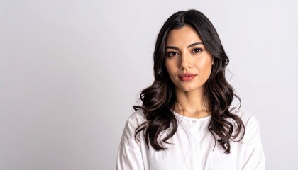Obraz premium A beautiful young woman with long dark wavy hair looking at the camera wearing a simple white shirt against a clean light grey background.