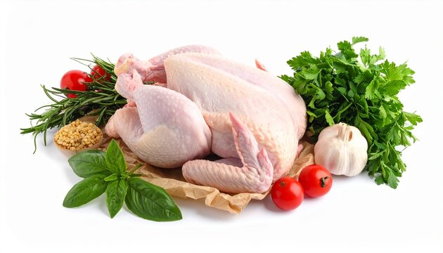 Fresh raw whole chicken ready for cooking decorated with organic herbs tomatoes garlic cloves and spices isolated on a white background.