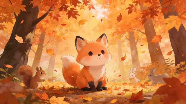 Cute orange fox sitting in autumn forest with falling leaves