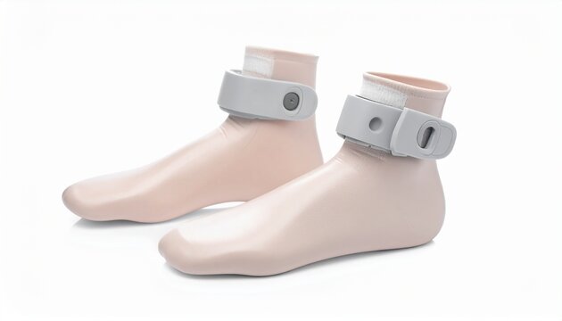 A pair of beige medical or orthopedic support devices worn on artificial human feet isolated on a clean white studio background view.