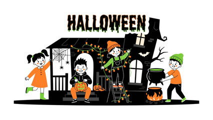 Trick-or-Treaters' Delight: Adorable children in Halloween costumes gather around a spooky house, ready for a night of candy and frights.