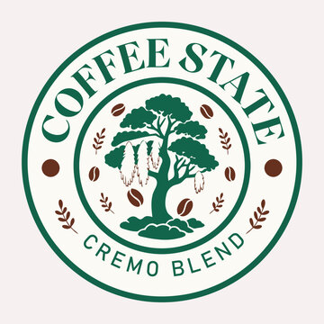 Premium Coffee Brand Badge Logo Template with Botanical Tree, Coffee Beans and Vintage Circular Seal Vector