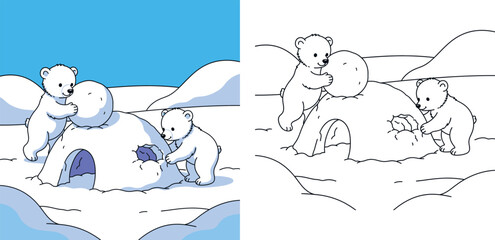 Cartoon Illustration of Two Cute Polar Bear Cubs Building a Snow Igloo in an Arctic Landscape © Dewan