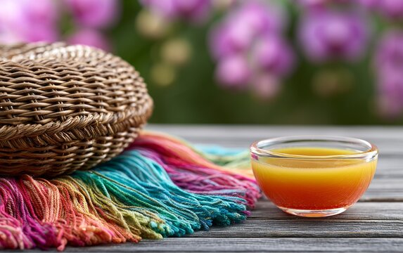 Woven basket and colorful fabric with glass bowl of vibrant liquid on wood