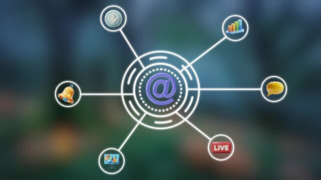 Digital communication network hub with email at symbol connected to icons for analytics live
