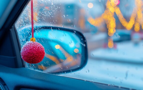 Red Christmas ball hanging inside car window on rainy winter evening scene